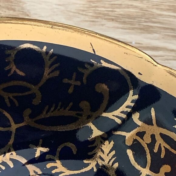 Set Of Three Small Dark Navy Blue & Gold Porcelain Saucers Signed Richard Ginori - Picture 14 of 16